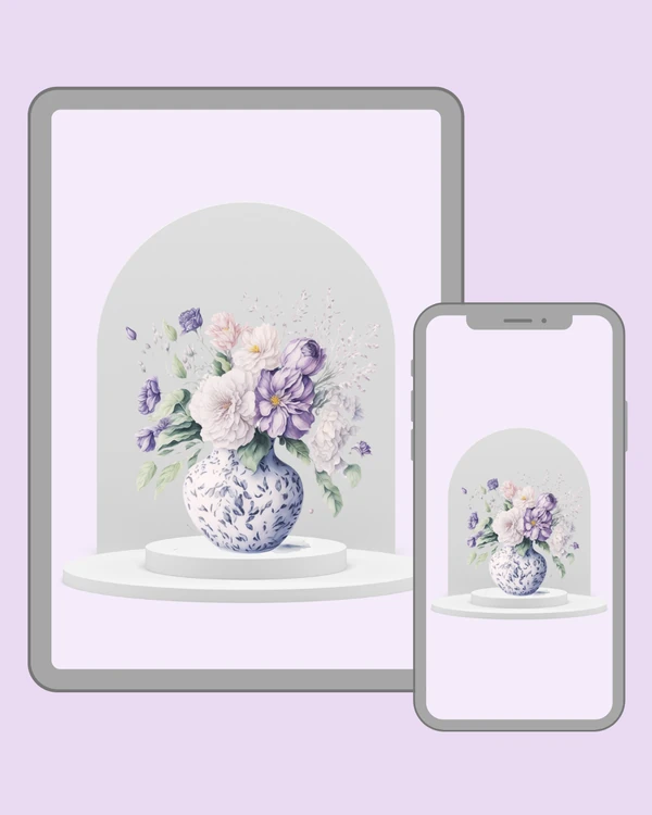 Lush purple and white floral bouquet arranged in a charming blue patterned vase