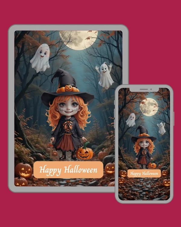 Cute red-haired little witch with friendly ghosts, glowing pumpkins and a moonlit autumn forest