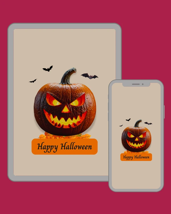 Classic fiery jack-o’-lantern with glowing eyes, jagged smile and flying bats