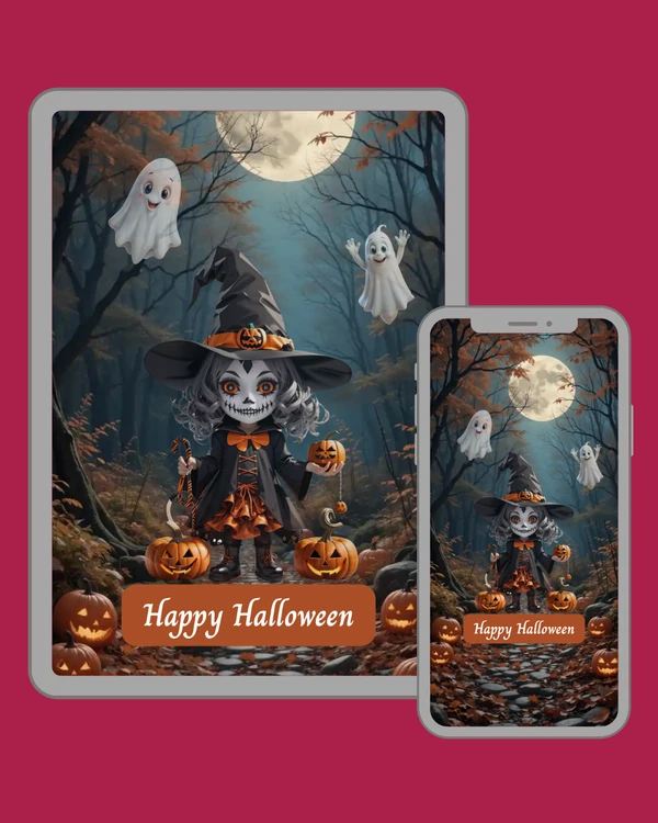 Spooky little witch with pumpkin lanterns and cheerful ghosts in a mysterious moonlit forest