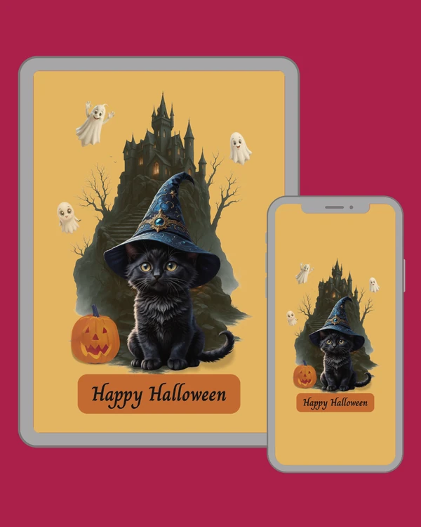 Black kitten in a magical wizard hat with ghosts, pumpkin and a mysterious haunted castle