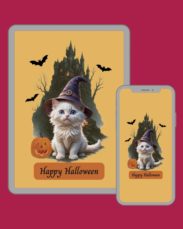 Fluffy white kitten wearing a purple witch hat with bats, pumpkin and a haunted castle