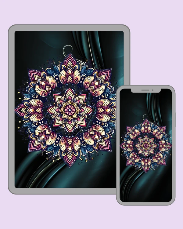 Dark floral mandala in pink and blue tones