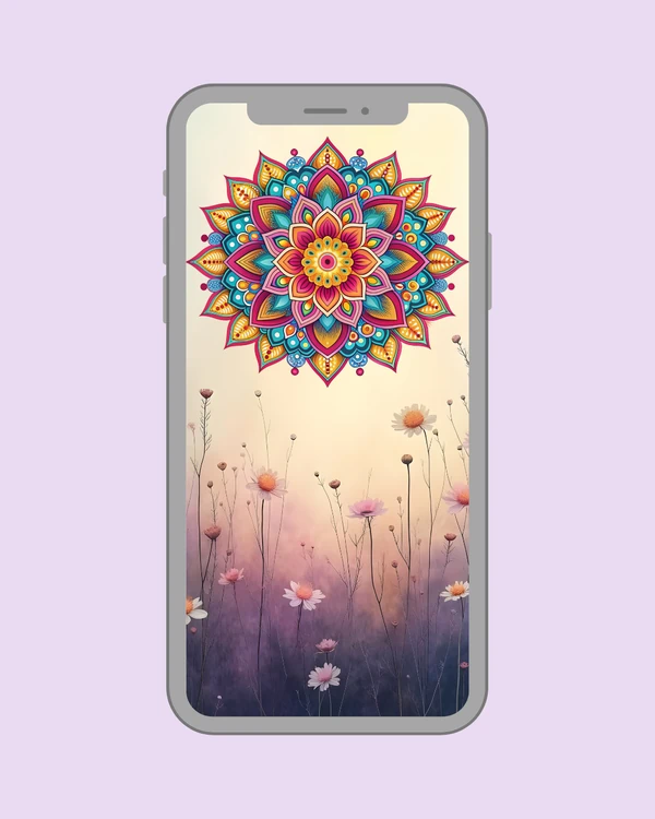 Colorful mandala above soft wildflowers
