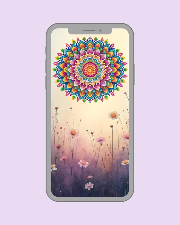 Bright mandala above dreamy wildflowers