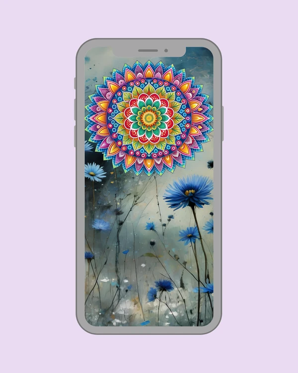 Colorful mandala over blue flower meadow