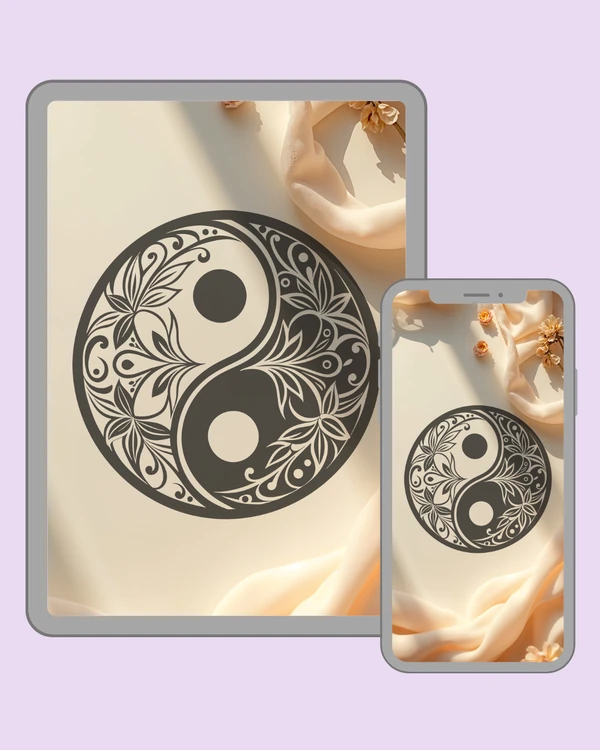 Floral yin-yang symbol on a soft cream and peach background