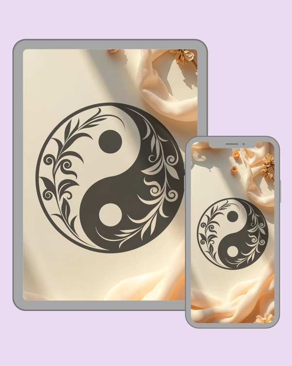 Flowing botanical yin-yang symbol on a soft cream and peach background