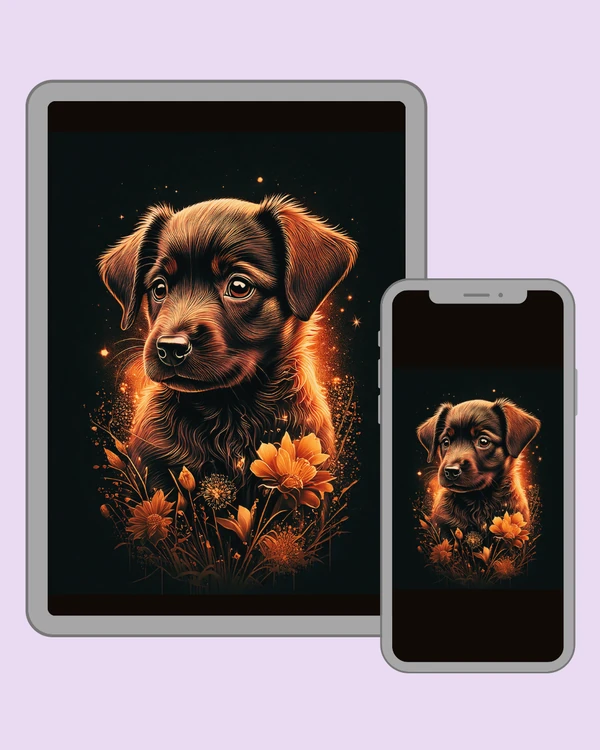 Adorable puppy portrait with glowing orange floral details on a deep black background