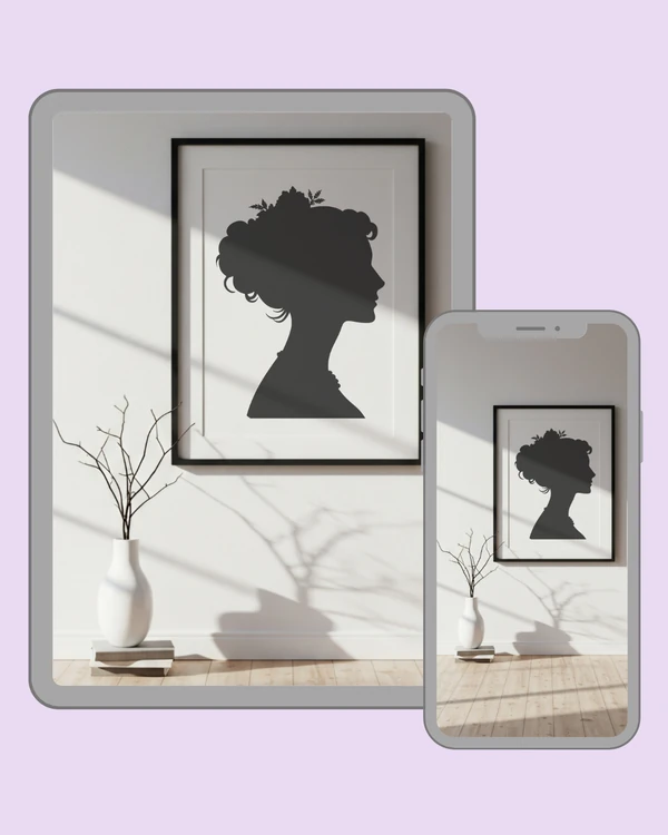 Graceful woman silhouette portrait with floral updo in a softly lit minimalist interior