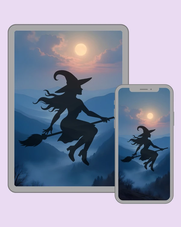 Silhouette of a witch flying on a broom beneath a glowing moon over misty blue mountains