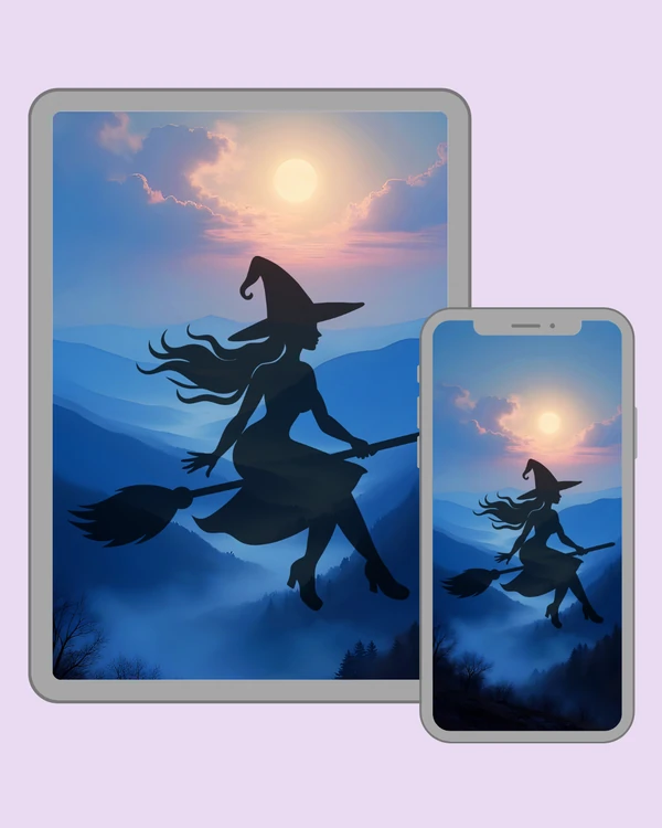 Flying witch silhouette with flowing hair beneath a luminous moon over layered blue mountains