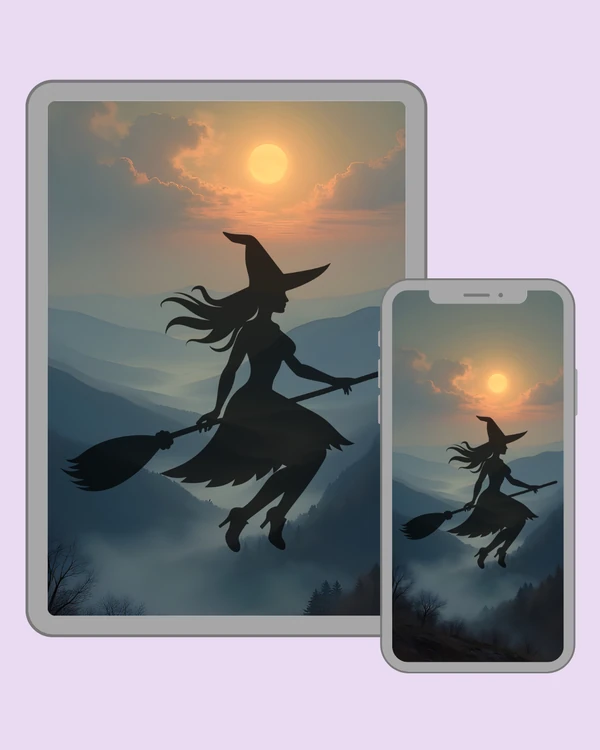 Witch silhouette soaring on a broom through a moonlit misty mountain landscape