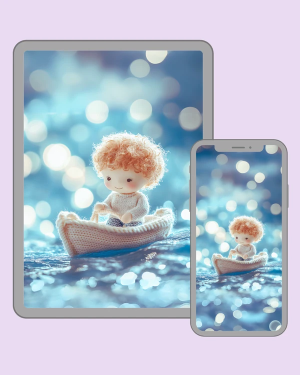 Curly-haired doll sailing across a sparkling blue ocean