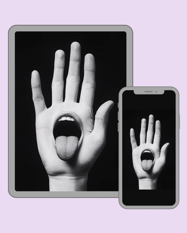 Surreal hand with an open mouth and tongue
