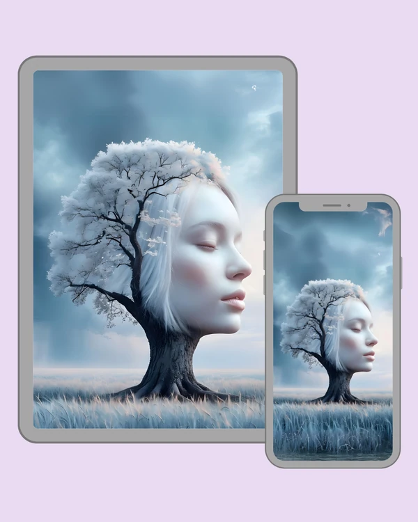 Pale tree woman in a dreamy blue landscape