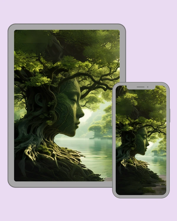 Green tree woman beside a peaceful lake