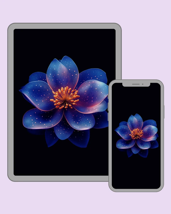 Blue flower with orange centre on black
