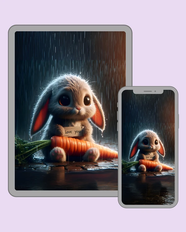 Cute bunny with carrot and love note in the rain