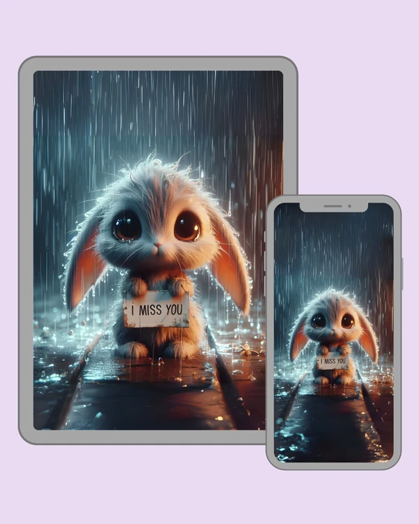 Little bunny holding an I miss you sign in the rain