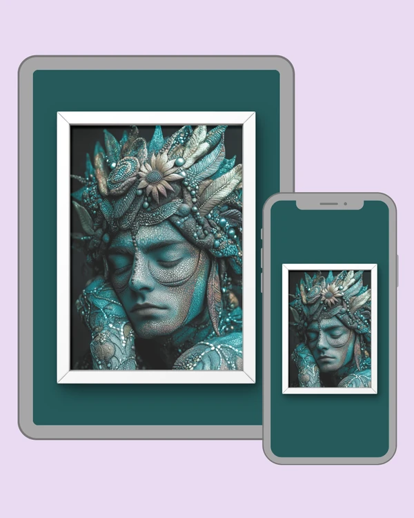 Ornate cyan portrait with feathers and floral details