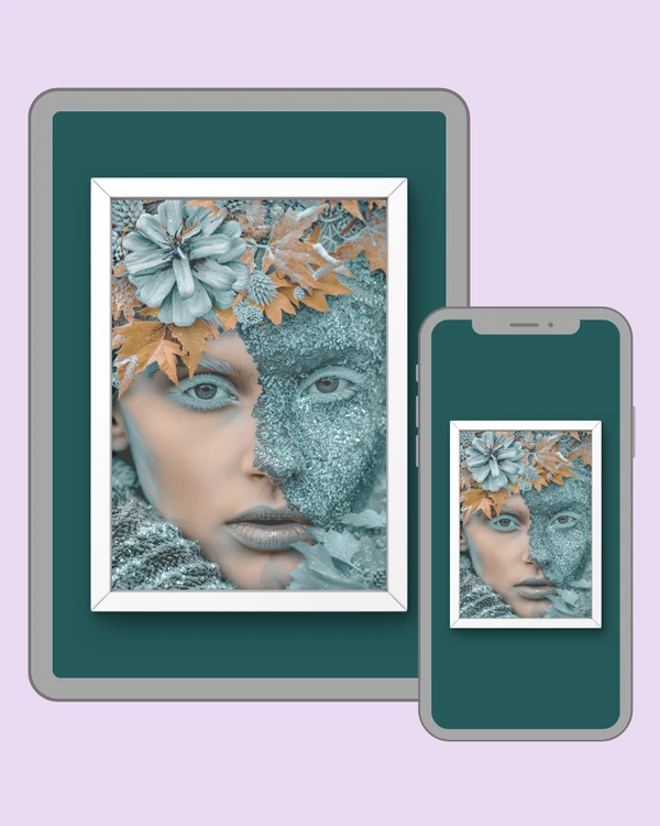 Surreal cyan portrait with flowers and autumn leaves