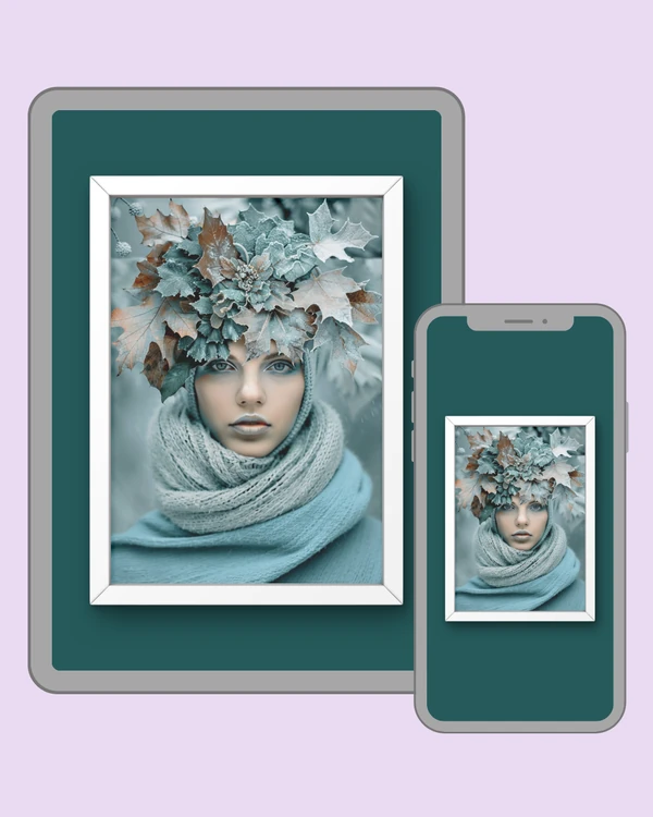 Winter portrait with frosted leaves in soft cyan tones