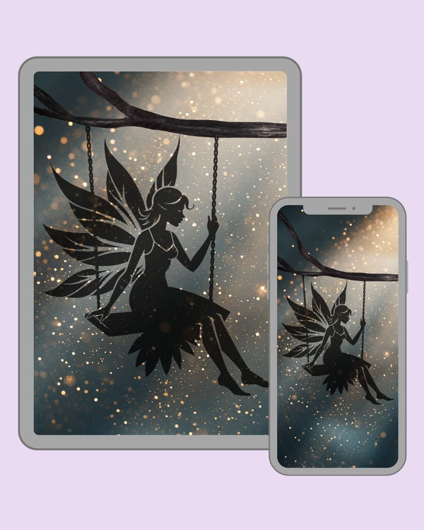 Delicate fairy on a swing with shimmering golden lights