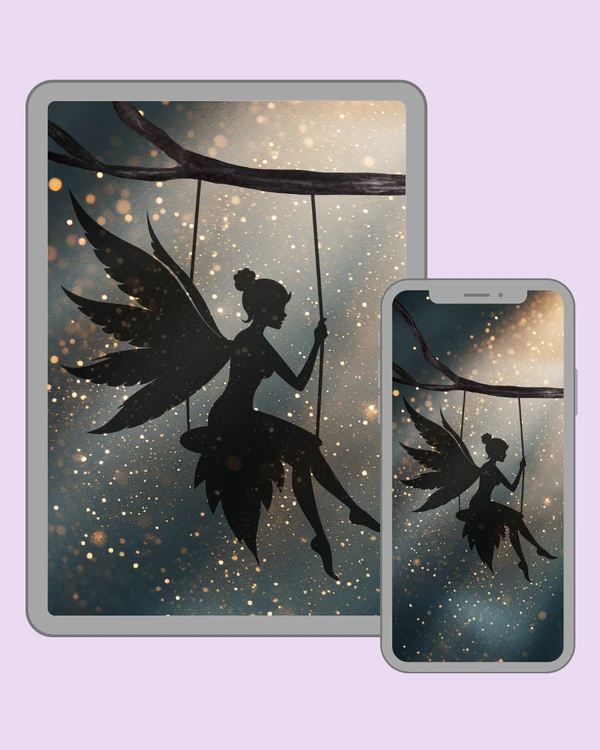 Winged fairy silhouette swinging through a golden glow
