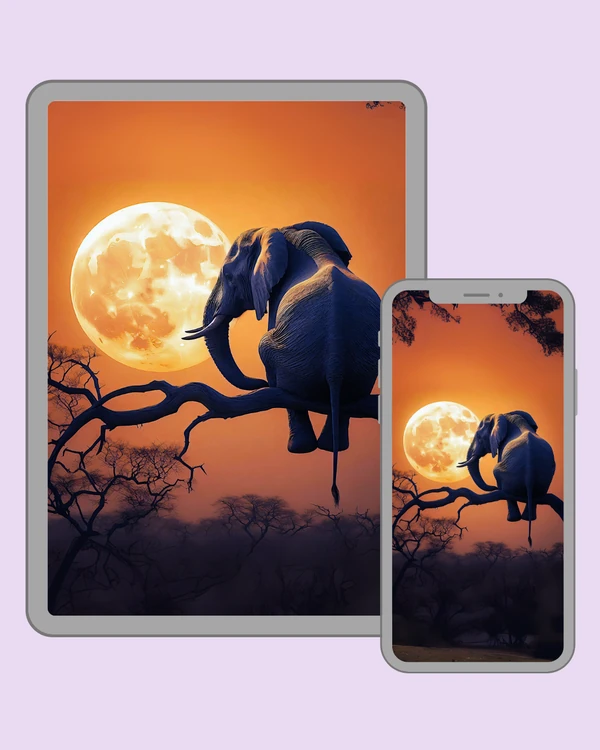 Elephant resting on a tree branch before a glowing golden moon