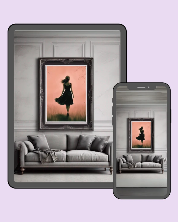 Woman in a black dress walking through a softly glowing peach landscape