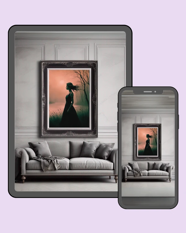 Woman in a long black dress standing beside water in a misty twilight landscape