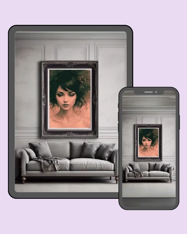 Front-facing portrait of a dark-haired woman surrounded by delicate botanical details