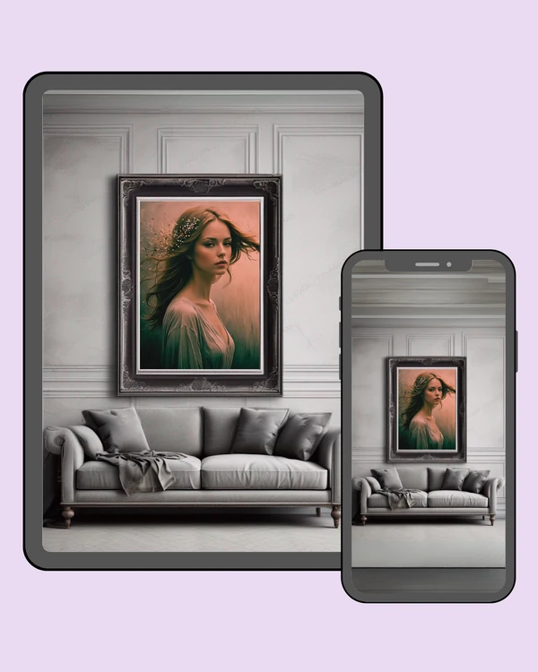 Portrait of a woman with flowing hair and delicate flowers in a dreamy peach landscape