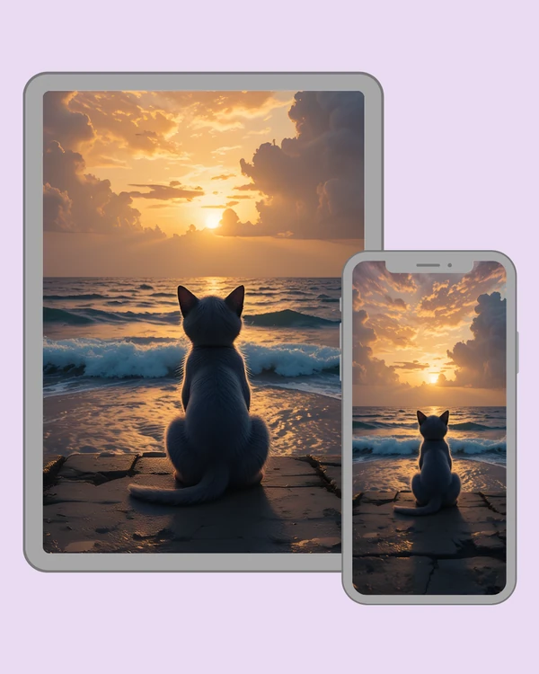 Cat gazing across the ocean beneath a dramatic golden sunset