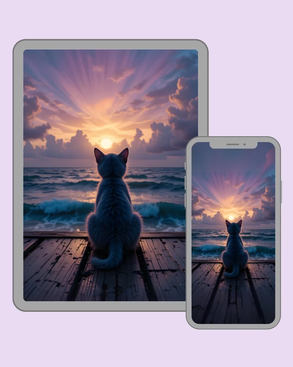 Cat watching a radiant purple and golden sunset over the sea