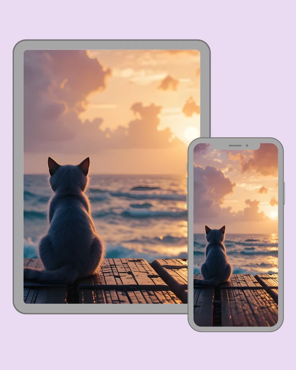 Cat watching the sun set over softly glowing ocean waves