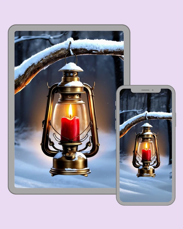 Brass lantern with a red candle glowing in a snowy forest