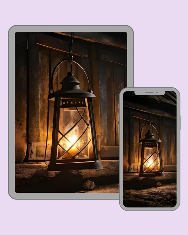Rustic lantern casting a warm glow inside a dark wooden shelter