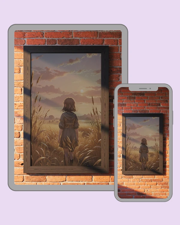 A solitary girl stands in a golden field beneath a softly glowing sunset