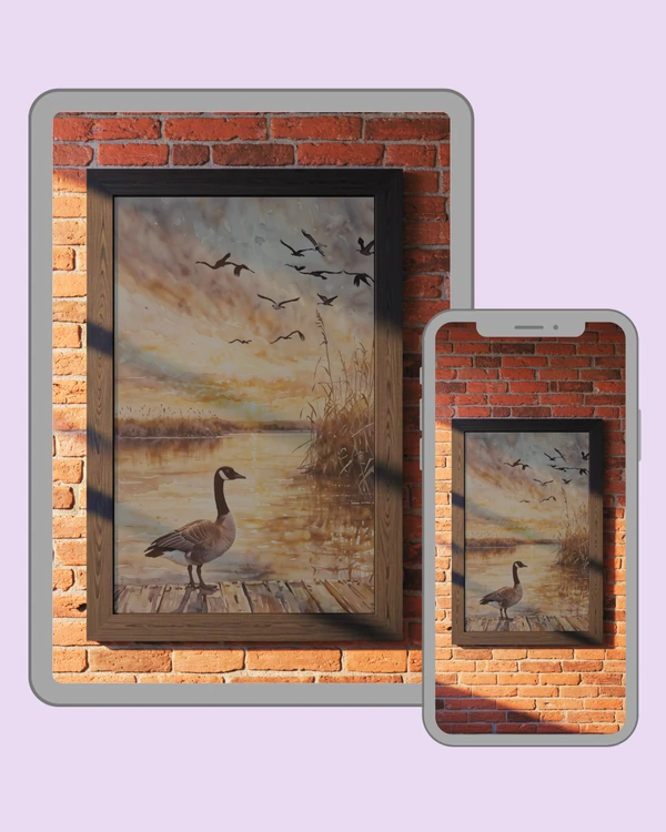 A lone goose watches birds cross the sky above a peaceful golden wetland