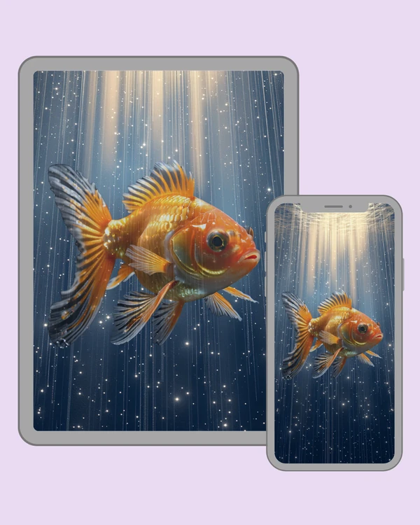 Flowing-finned golden fish floating through sparkling underwater light