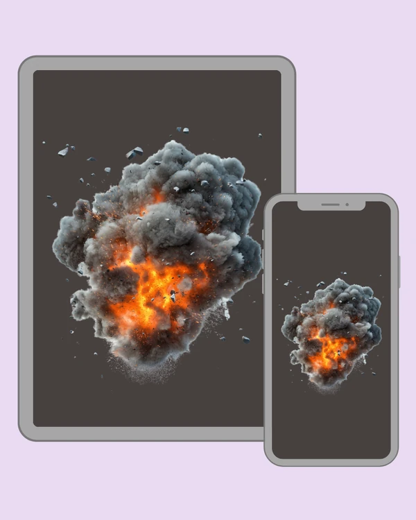 Fiery explosion bursting through dense clouds of dark smoke
