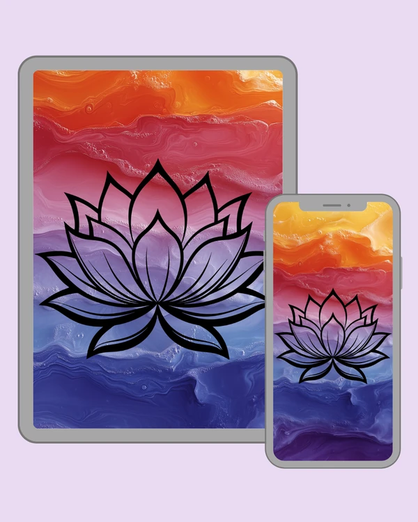 Clean minimalist lotus silhouette over soft bands of coral, lavender and deep blue