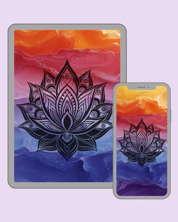 Ornamental lotus with detailed petal patterns over a vibrant flowing color gradient