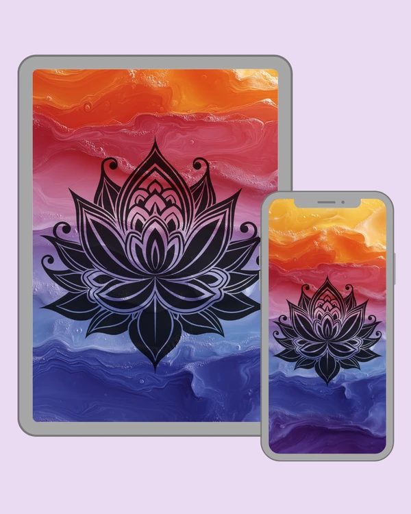 Bold decorative lotus with curved details over layered pink, lavender and blue waves