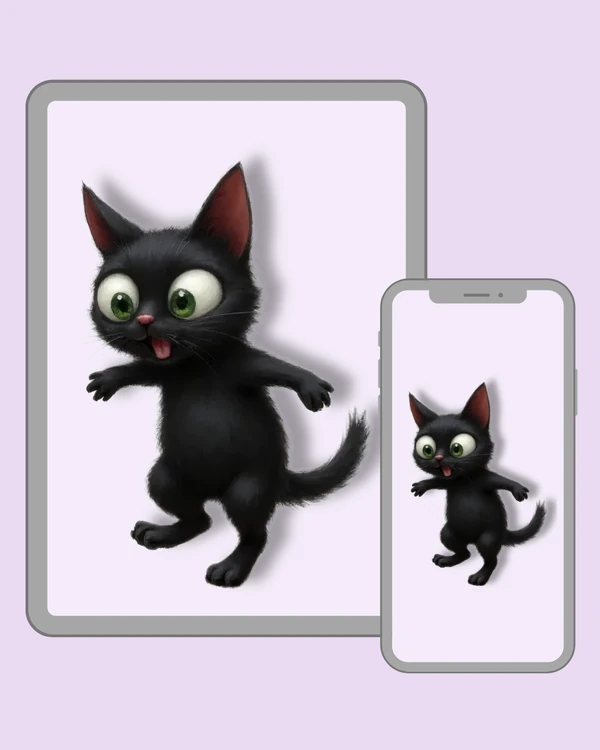 Funny little black cat with oversized green eyes, outstretched paws and a surprised playful expression