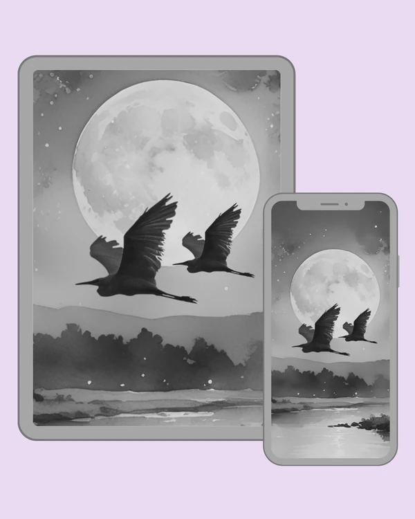 Two silhouetted birds flying beneath a luminous full moon