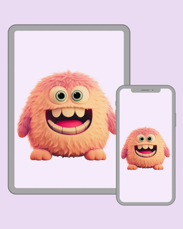 Fluffy peach monster with huge eyes, a wide grin and funny teeth