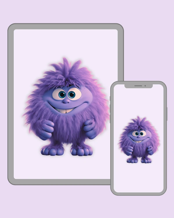 Fluffy purple monster with bright blue eyes and a mischievous smile